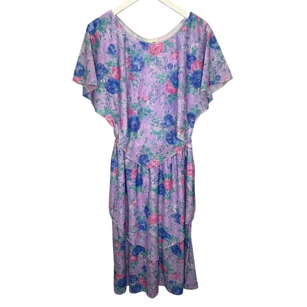 Vintage Lynn Bee Angel Sleeve Tiered Dress Purple Floral Belt Size L 80s